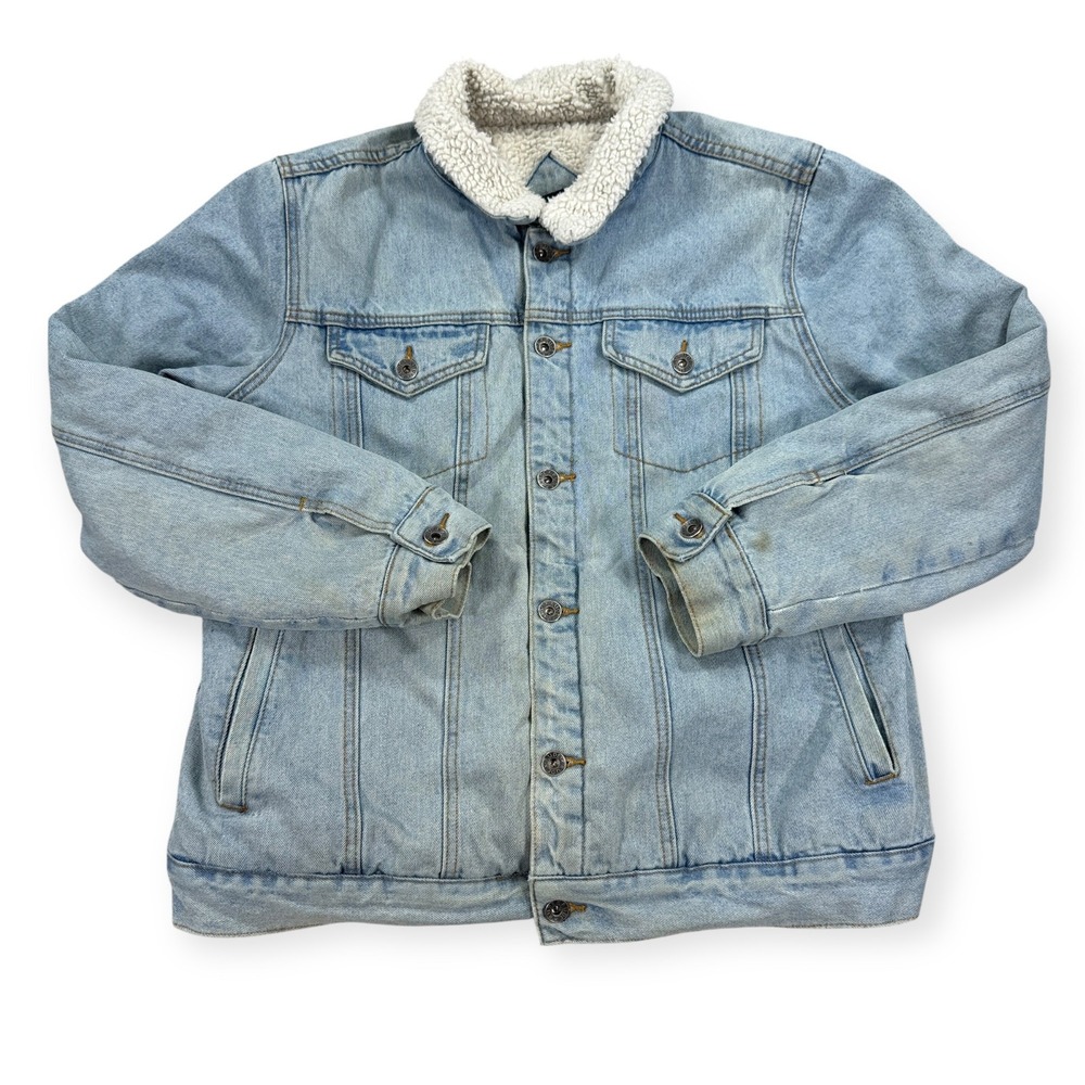 XXX Rude Trucker Jacket Men's Large‎ Blue Denim Light Wash Sherpa Lined Coat